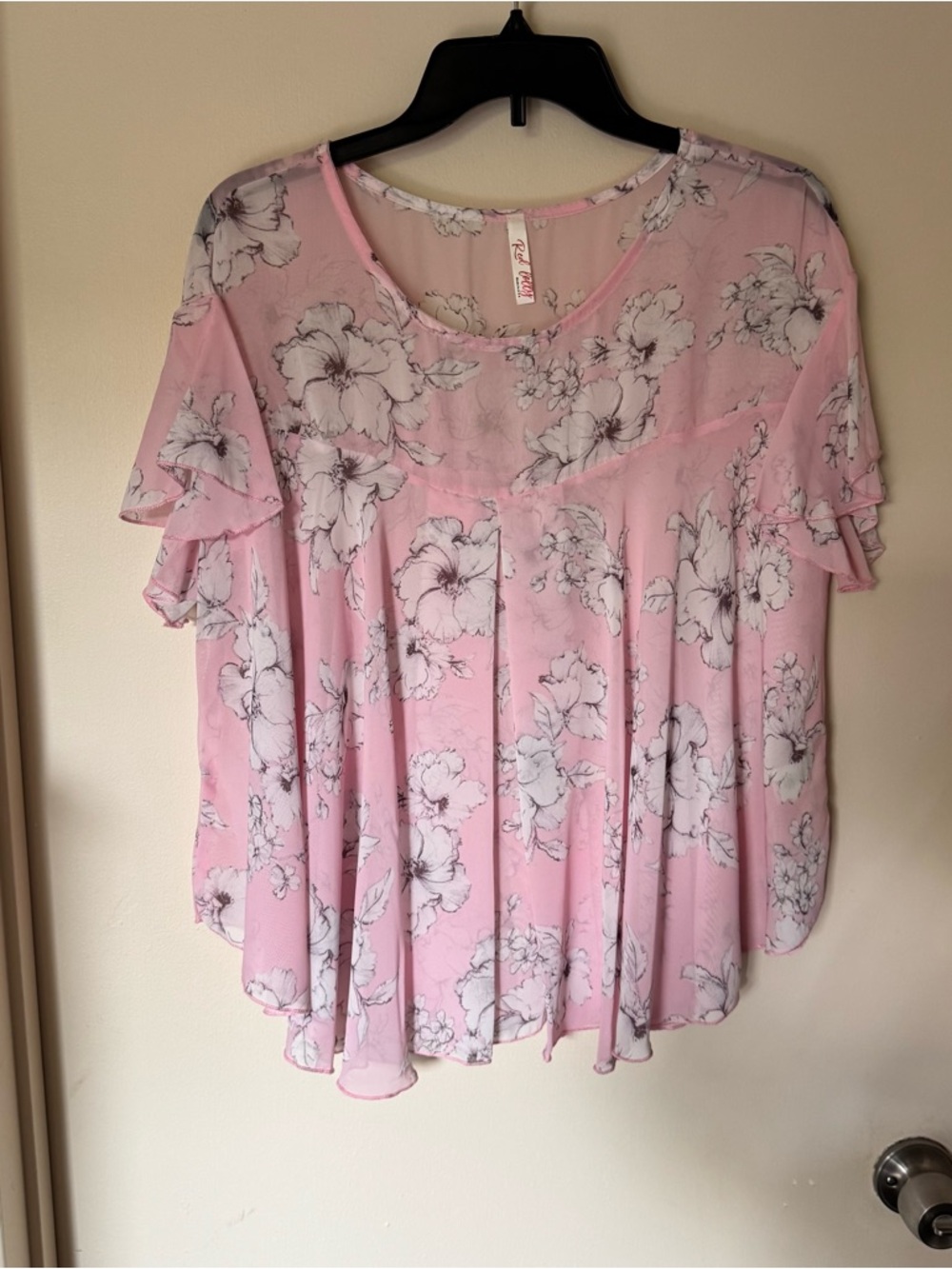 Red Lolly Floral Pink Sheer Top Flutter Sleeve Blouse